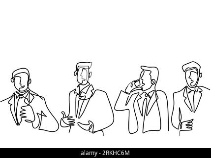 One continuous line drawing of A young business people is sanding with different pose isolated on white background. Character businessman with success Stock Vector