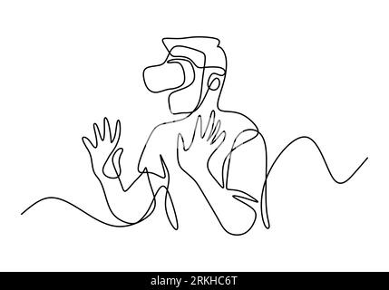 Man in glasses device virtual reality continuous one line drawing. A guy pretending to touch button while wearing virtual reality helmet isolated on w Stock Vector