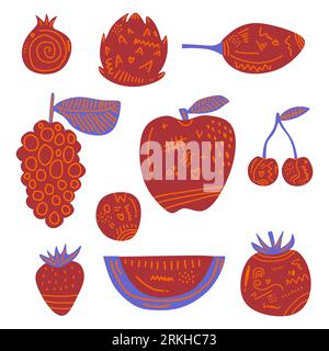 Sweet tropical fruits collection. Hand drawn fresh fruit such as strawberry, dragon fruit, watermelon, pomegranate, grape, apple, tomato, cherry, cran Stock Vector
