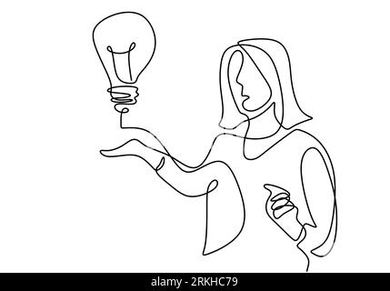 One single line drawing of young businesswoman presenting new idea for next project while showing a bulb lamp. Think big, point to idea concept. Effec Stock Vector