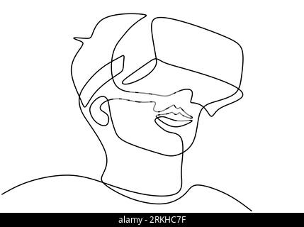 Young man wearing VR glasses one continuous line drawing. A young man uses glasses device virtual reality when playing games at home hand drawn line a Stock Vector