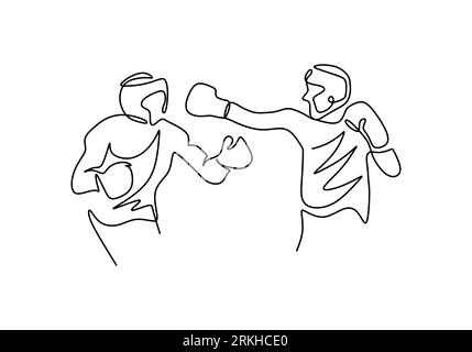 Continuous one line drawing of two man playing boxing isolated on white background. Professional young boxer man doing stretching before practicing bo Stock Vector