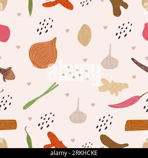 Herbs pattern seamless trendy hand drawn textures. Outline vector illustration of ginger, chilli pepper, onion, red onion, garlic, clove, saffron, lem Stock Vector