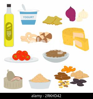 Flat set of products of the Mediterranean diet. Adriatic food and cuisine isolated on white background. Mediterranean healthy lifestyle. Vector collec Stock Vector