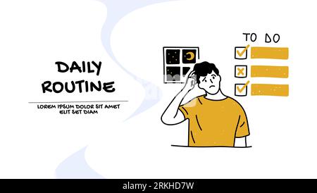 Vector of a thoughtful young man reviews his daily routine, things to do list Stock Vector