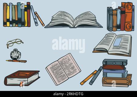 Set collection of hand drawn icons of school equipment. Stack of book with old retro writing instrument and glasses. Vector illustration on the theme Stock Vector