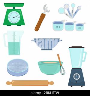 Kitchen tools accessory simple isolated set collection. Kitchenware scales, measuring cup, measuring spoon, eggbeater and bowl etc. Cooking concept. V Stock Vector