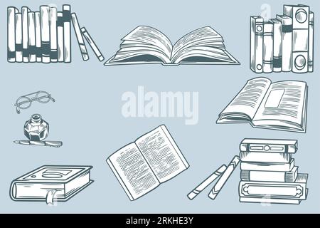 Sketch Books. Ink Drawing Vintage Open Book and Books Pile Stock Vector -  Illustration of collection, doodle: 130779600