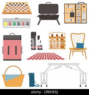 Picnic attributes flat color vector object set. Basket, table, chair, backpack, beer etc. Picnic in sunny day isolated cartoon illustration for web gr Stock Vector
