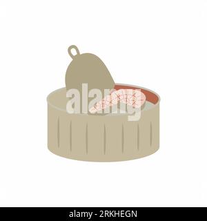Canned fish icon. Stew or canned product for camping or tourists foods concept label. A can of tuna isolated on white background. Flat vector illustra Stock Vector