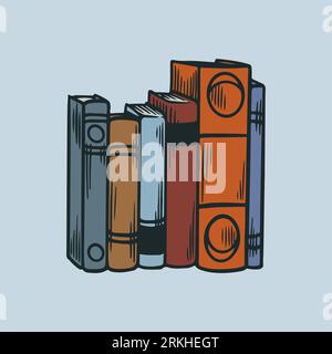 Pile of books. Stack of library books with hand drawn engraving sketch vintage stye vector illustration icons. Library literature, stacks book school, Stock Vector