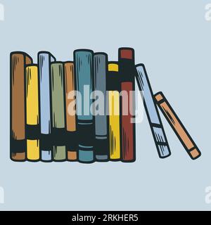 Books standing on the shelf hand drawn design element. World Book Day. Pile of various popular colorful books. Educational vector illustrations isolat Stock Vector