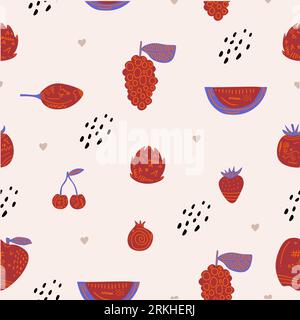 Seamless fashion pattern of red fruits: strawberry, watermelon, pomegranate, grape, cherry, cranberry etc. Vector illustration for web, print posters, Stock Vector