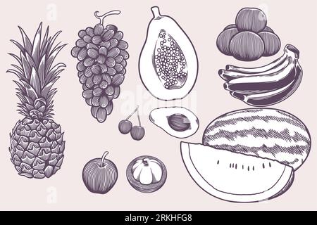 Hand drawn vegan food icons doodle set such as grape, banana, apple, watermelon, cherry, orange, papaya, banana etc. Decorative retro style collection Stock Vector