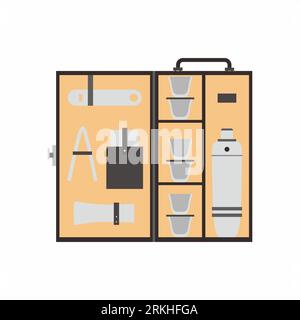 Set of portable cocktail bar included icons food, thermos, cocktail, wine, drink, champagne, glass. Bar counter with stools and alcohol drink on shelv Stock Vector