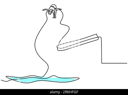 One continuous line drawing young sporty man jumping from diving board and beauty somersaulting into the pool. Water sport competition event concept. Stock Vector
