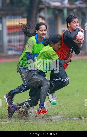 Rugby match between Flame Girls Club and Laxmibazar Rugby Club at Paltan Maydan, Dhaka, Bangladesh, 25 August, 2023. Bangladesh Rugby Federation Union Stock Photo