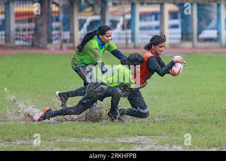 Rugby match between Flame Girls Club and Laxmibazar Rugby Club at Paltan Maydan, Dhaka, Bangladesh, 25 August, 2023. Bangladesh Rugby Federation Union Stock Photo