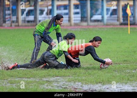 Rugby match between Flame Girls Club and Laxmibazar Rugby Club at Paltan Maydan, Dhaka, Bangladesh, 25 August, 2023. Bangladesh Rugby Federation Union Stock Photo