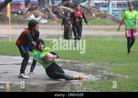 Rugby match between Flame Girls Club and Laxmibazar Rugby Club at Paltan Maydan, Dhaka, Bangladesh, 25 August, 2023. Bangladesh Rugby Federation Union Stock Photo