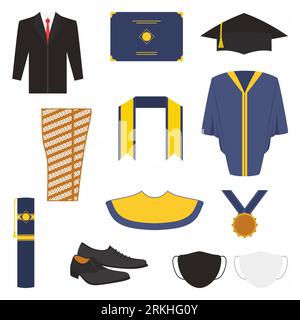 Graduation ceremony clothes and accessories set. Bachelor gown, tie, mask, shoes, graduation toga robe, graduation slayer, graduation medal, graduatio Stock Vector
