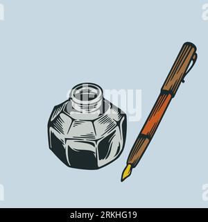 Hand drawn pen and ink vector sketch engraving vintage style. School accessories and supplies. Stationary tools illustration colored ancient pen and i Stock Vector