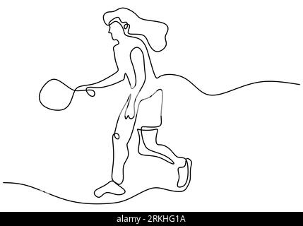 One single line drawing young energetic woman tennis holding racket and ready to hit the ball isolated on white background. Sport training concept wit Stock Vector