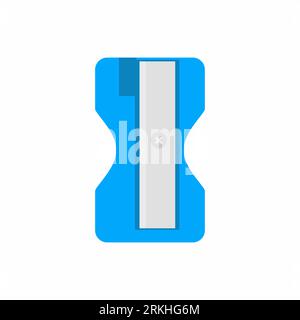 Vector illustration blue pencil sharpener isolated on blue background. Sharpener flat icon. School supply store items, stationery items shop product. Stock Vector