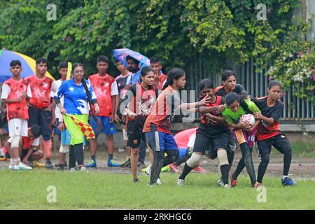 Rugby match between Flame Girls Club and Laxmibazar Rugby Club at Paltan Maydan, Dhaka, Bangladesh, 25 August, 2023. Bangladesh Rugby Federation Union Stock Photo