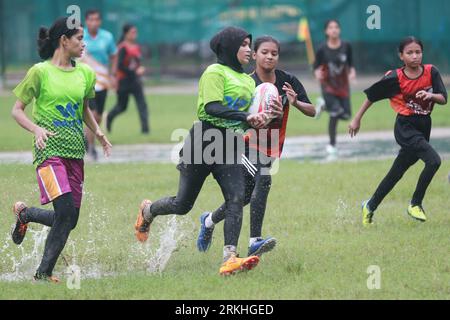 Rugby match between Flame Girls Club and Laxmibazar Rugby Club at Paltan Maydan, Dhaka, Bangladesh, 25 August, 2023. Bangladesh Rugby Federation Union Stock Photo