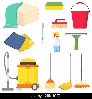 Household supplies and cleaning flat icons set. Mop, sponge, spray bottle, towel, vacuum cleaner, bucket, squeegee, brush. Housekeeping tools and equi Stock Vector