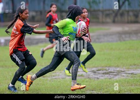 Rugby match between Flame Girls Club and Laxmibazar Rugby Club at Paltan Maydan, Dhaka, Bangladesh, 25 August, 2023. Bangladesh Rugby Federation Union Stock Photo