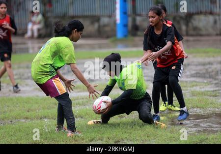 Rugby match between Flame Girls Club and Laxmibazar Rugby Club at Paltan Maydan, Dhaka, Bangladesh, 25 August, 2023. Bangladesh Rugby Federation Union Stock Photo