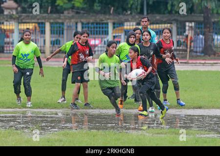 Rugby match between Flame Girls Club and Laxmibazar Rugby Club at Paltan Maydan, Dhaka, Bangladesh, 25 August, 2023. Bangladesh Rugby Federation Union Stock Photo