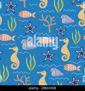 Underwater world vector illustration. Hand painted seamless pattern with colorful sea inhabitants, starfish, sea shells, sea horses, seaweed, coral re Stock Vector