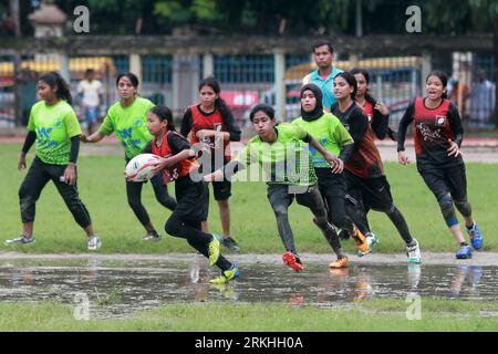 Rugby match between Flame Girls Club and Laxmibazar Rugby Club at Paltan Maydan, Dhaka, Bangladesh, 25 August, 2023. Bangladesh Rugby Federation Union Stock Photo