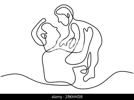 One continuous single line drawing of happy young dad tosses a toddler by hand. A father laugh and playing together with his baby. Happy family concep Stock Vector