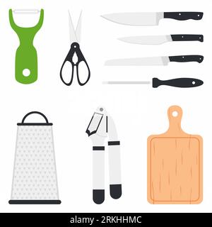 Kitchen utensil design elements set collection. Peeler, scissor, knife, wooden cutting boards, grater. Vector cooking and kitchenware modern tools. Ho Stock Vector