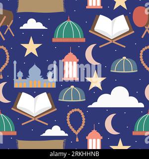 Happy Eid Mubarak. Ramadhan stuff seamless pattern isolated on navy blue background. Ramadhan holy festival concept. Islamic Holy Month, Ramadan Karee Stock Vector
