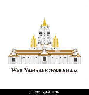 Wat Yan Sang Wararam, Thailand. Sprawling Buddhist temple complex in a picturesque setting with gardens & a large lake. One of the most impressive tem Stock Vector