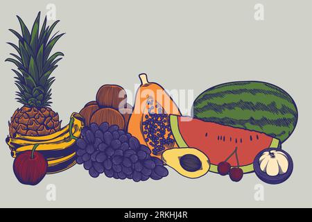 Big collection of hand drawn colored sketches templates design of vegans dieting meal natural vegetarian nutrition smoothie vegetables fruits. Healthy Stock Vector