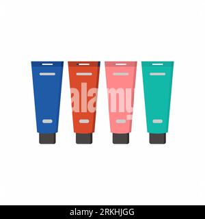 Paint tubes set vector illustration cartoon style. School art supplies. Flat illustration of four color paint in tube isolated on white background. Ac Stock Vector