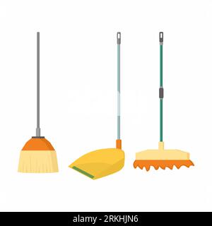 Broom, mop and dustpan vector cartoon flat icons. Household and house cleaning tools concept. Set of cleaning house supplies isolated on a white backg Stock Vector