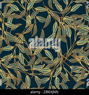 Luxury Blue and Gold Flower Pattern. Hand Drawn Seamless Floral Pattern for Fashion, Wallpaper, Wrapping Paper, Background, Fabric, Textile, Apparel Stock Vector