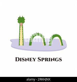 Vector flat illustration of Disney Springs at the Walt Disney World Resort in Lake Buena Vista, Florida, near Orlando. This place is an outdoor shoppi Stock Vector