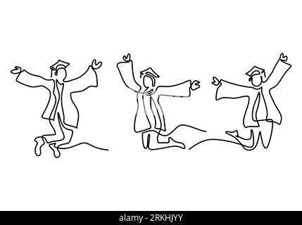 One continuous line group young students in jump joyfully. Happy three teenager student express their graduation while hands up isolated on white back Stock Vector