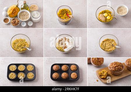 Cooking pumpkin muffins with oatmeal and nuts, collage, do it yourself, step by step, ingredients, cooking steps, final dish on a light beige stone ta Stock Photo