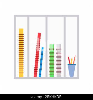 Artwork storage. Drawing equipment on the table include pencils in a glass, drawing paper binder etc. Artist tools supplies in flat style isolated on Stock Vector