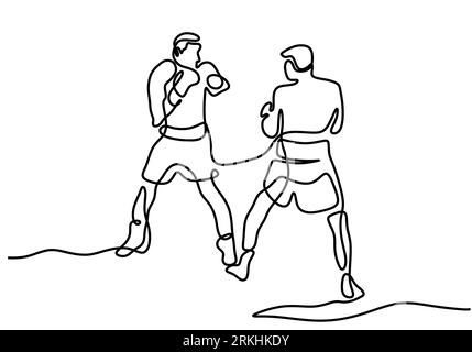 Continuous one line drawing of two man playing boxing at ring area. Two professional boxer is fight each other in tournament isolated on white backgro Stock Vector