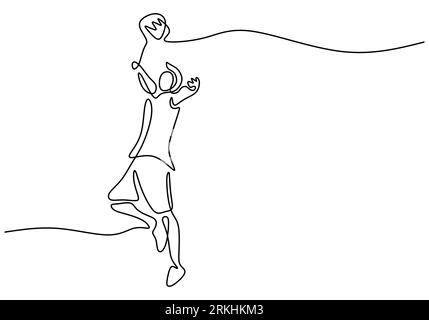 Continuous one line drawing of young man athlete playing badminton. A male jump and hit shuttlecock with racket. Competitive sport concept hand drawn Stock Vector